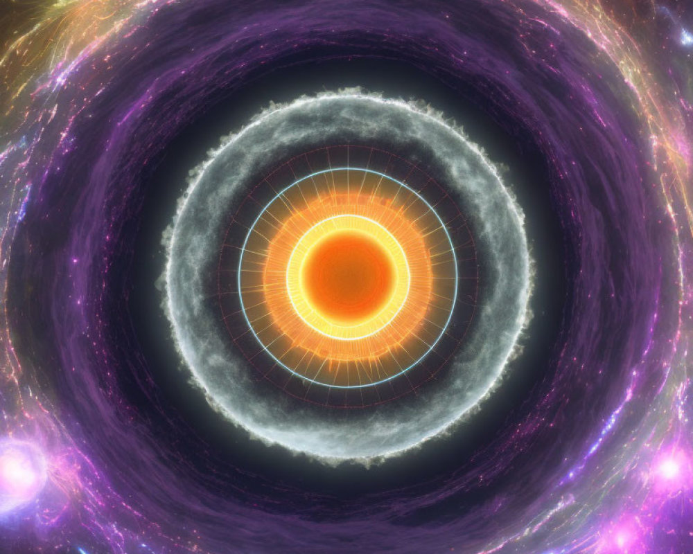 Colorful concentric circles with glowing center in cosmic space.