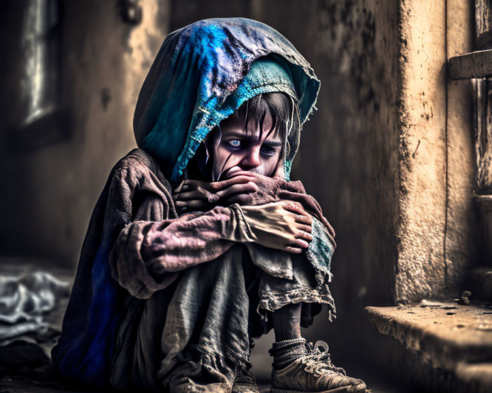 Child in tattered clothes huddled in dimly lit rustic setting