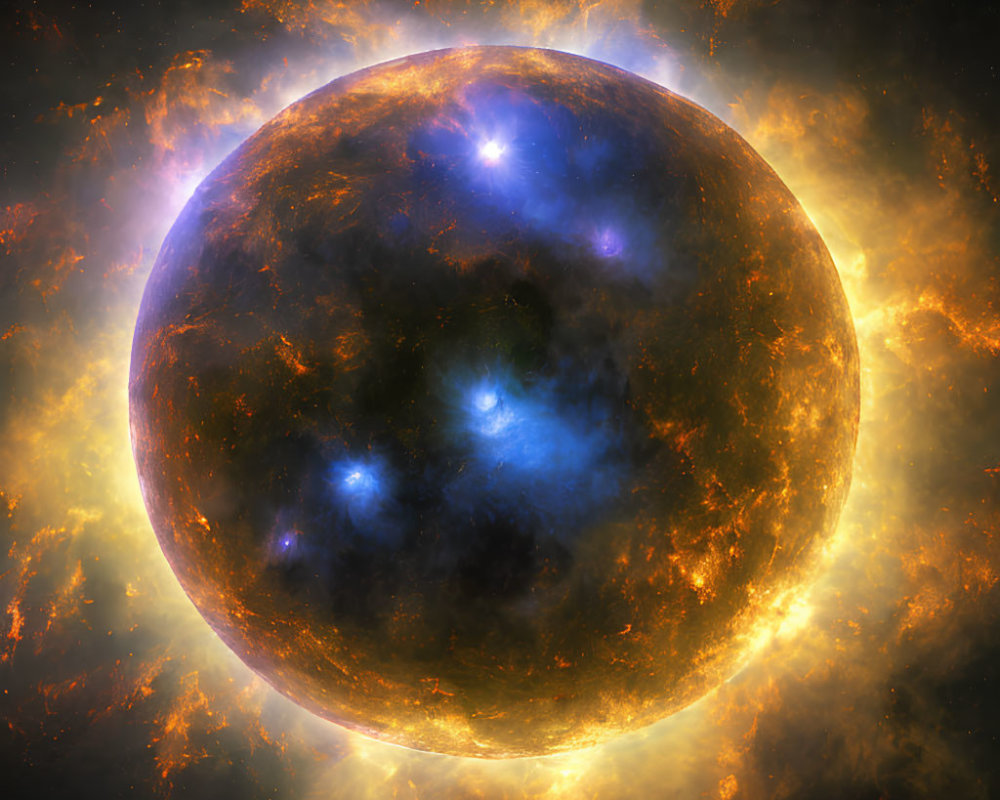 Glowing celestial body with blue nebulae against fiery orange backdrop