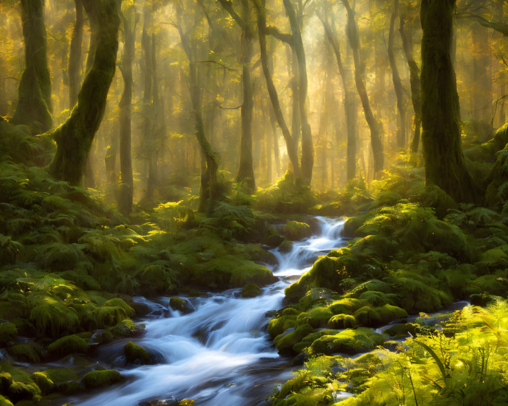 Tranquil stream in sunlit mossy forest with vibrant greenery