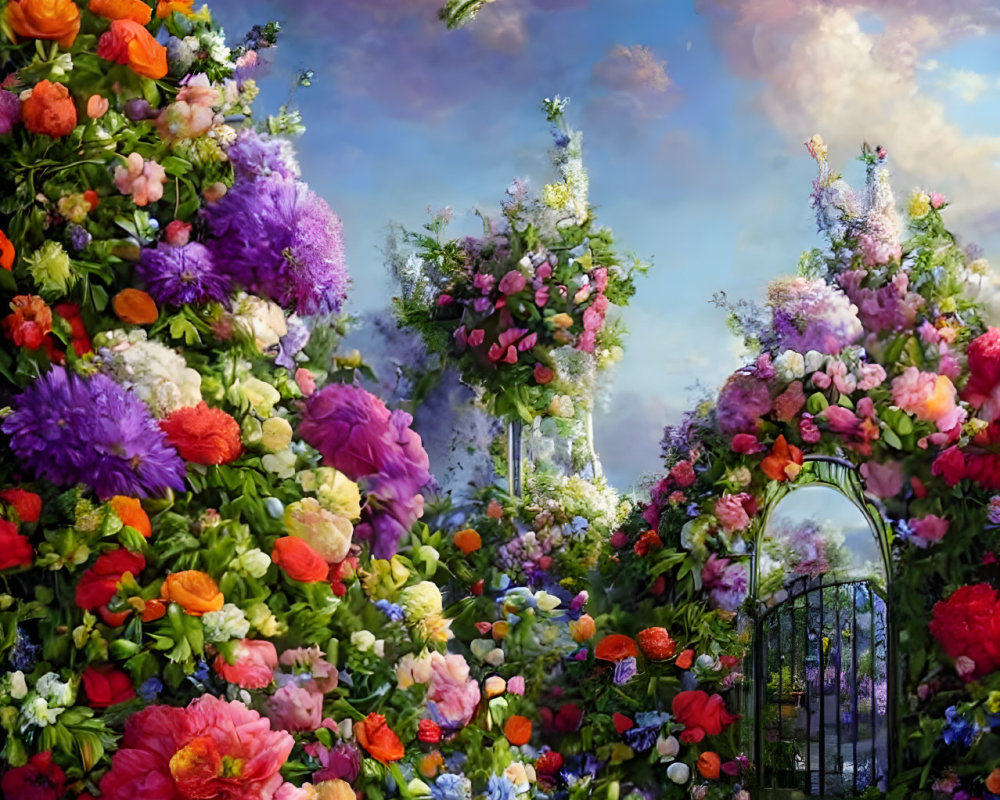 Colorful Flower Garden Scene with Metal Gate under Blue Sky