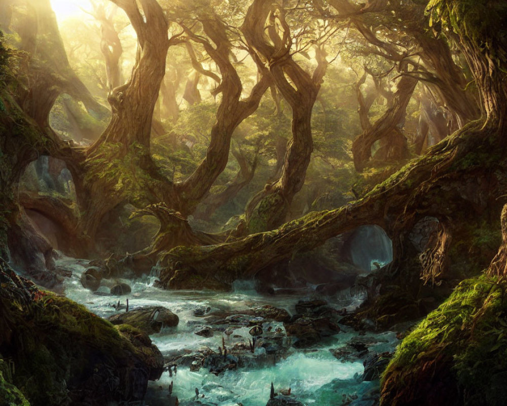 Enchanting forest with twisting trees and serene stream in sunlight