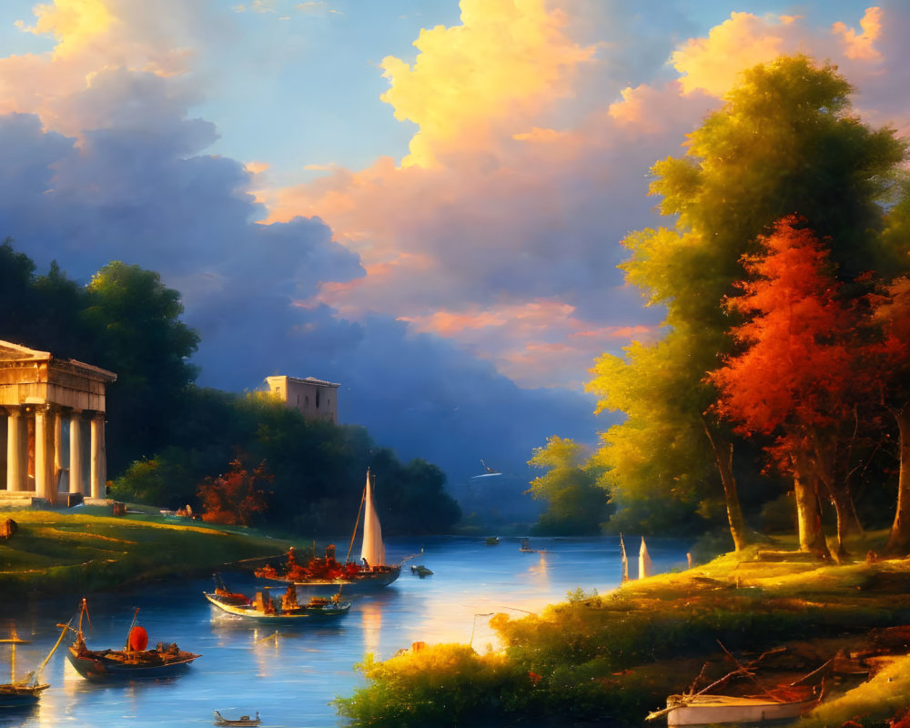 Tranquil sunset river scene with boats, trees, and classical architecture