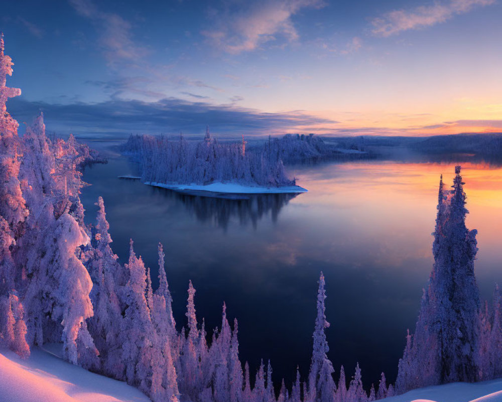 Snow-covered trees reflected in calm lake under twilight sky