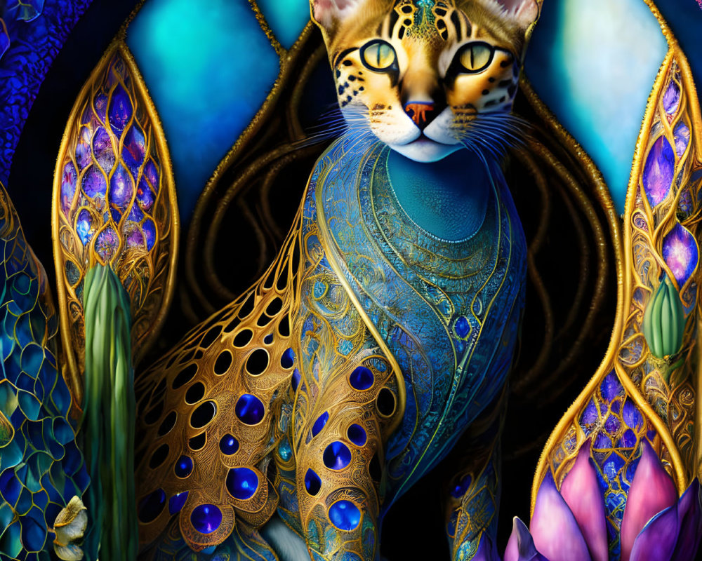 Ornate Illustration of Majestic Cat with Vibrant Colors