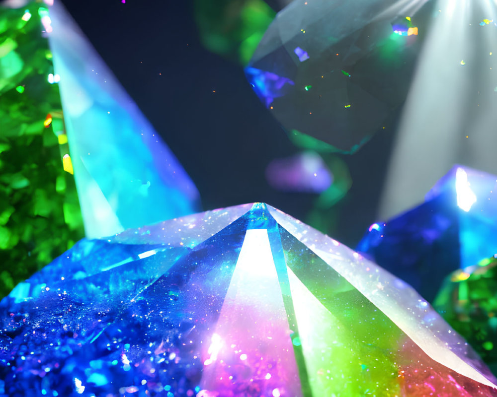 Colorful Crystal Cluster with Central Gem on Dark Bokeh Background