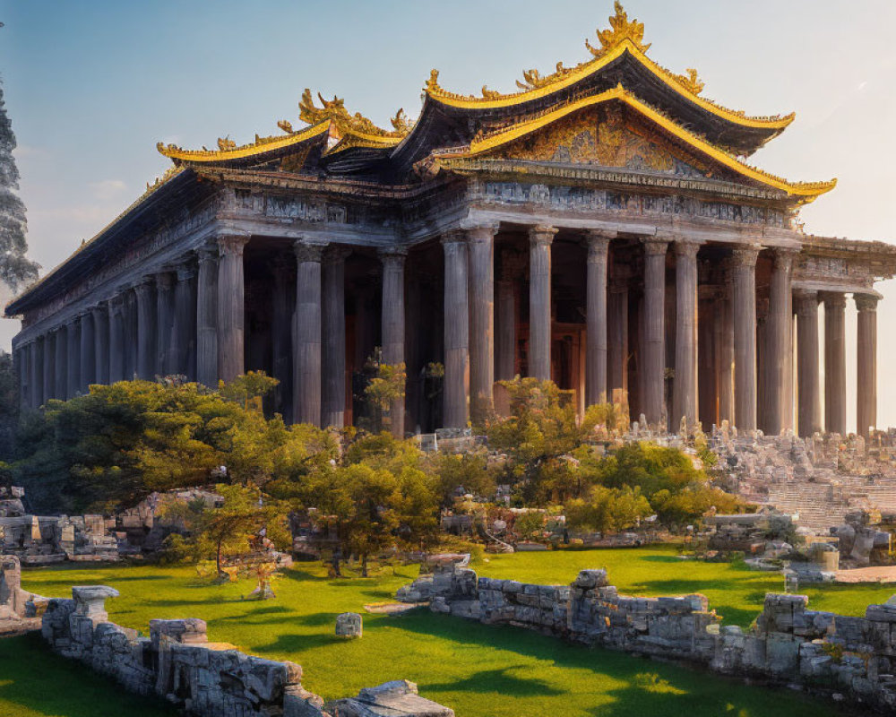 Ancient Temple with Ornate Columns in Warm Sunlight