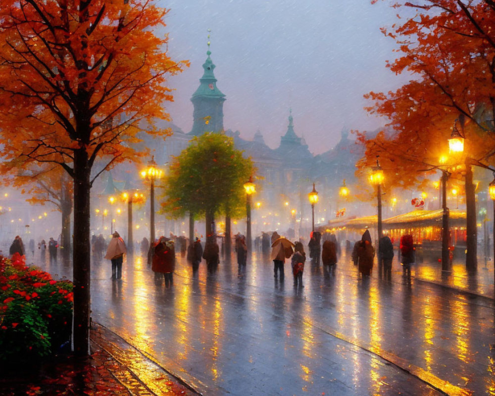 Rain-soaked street scene with pedestrians, autumnal trees, glowing streetlights, and historical buildings.