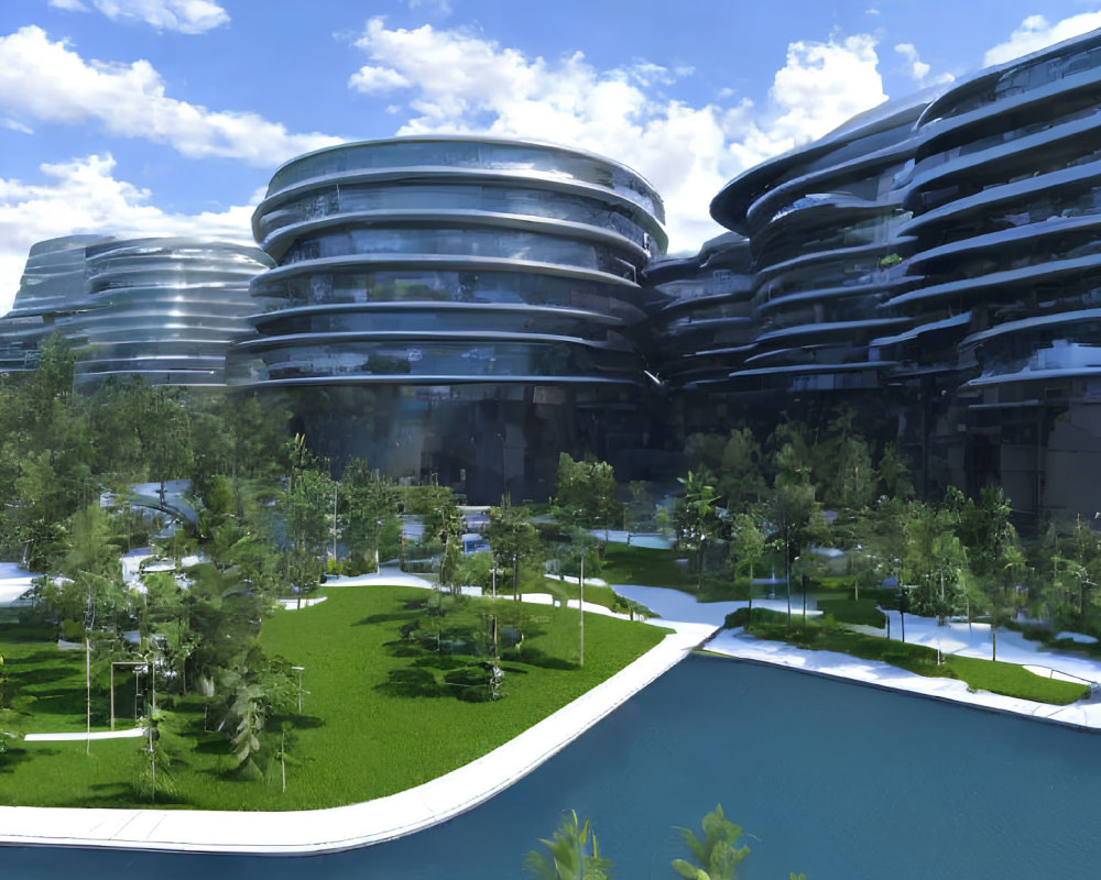 Circular futuristic buildings in green landscape with water features