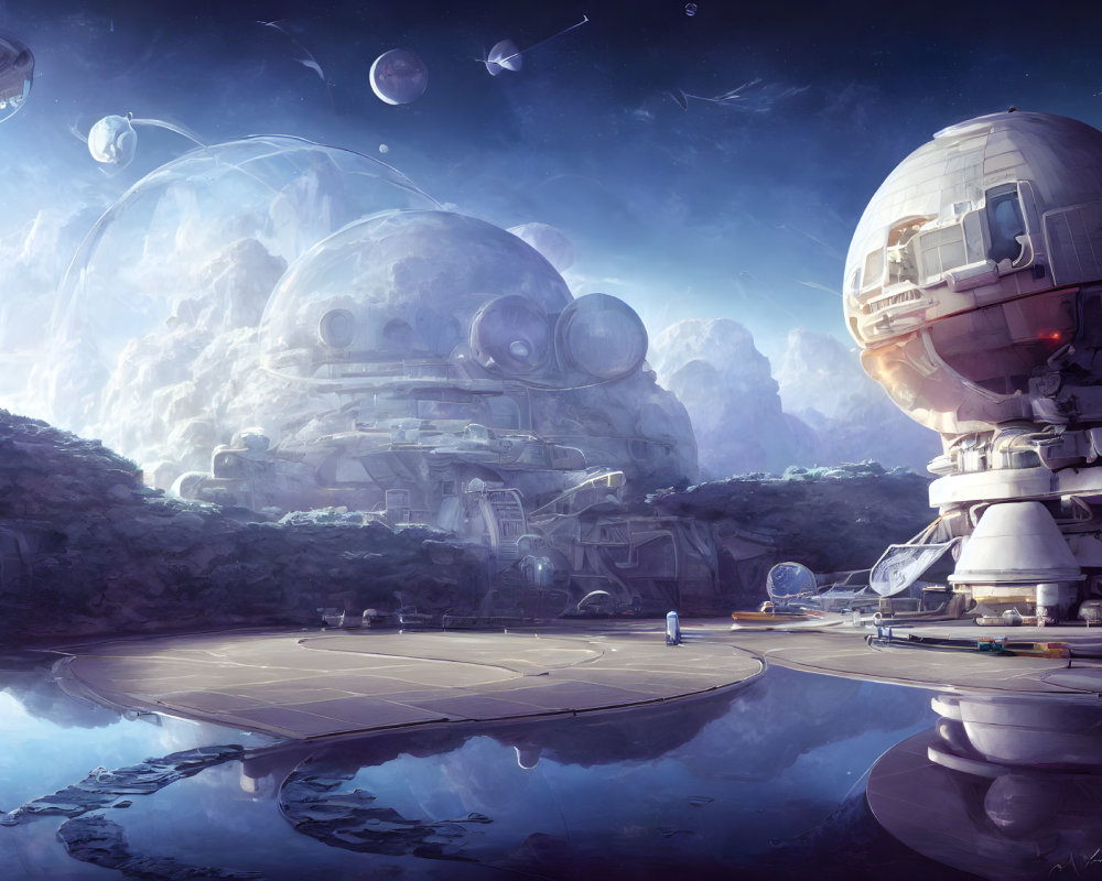 Futuristic colony with dome-like structures on rocky terrain under starry sky