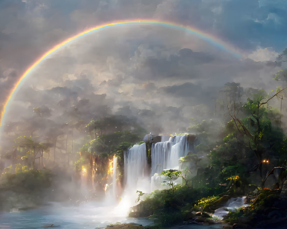 Scenic rainbow over misty waterfall in lush forest