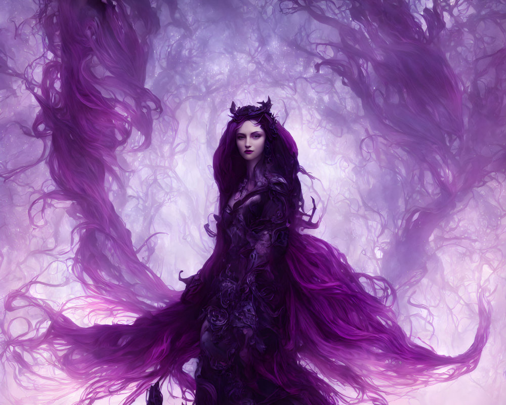 Dark-haired woman in purple gown surrounded by mystical fog and trees