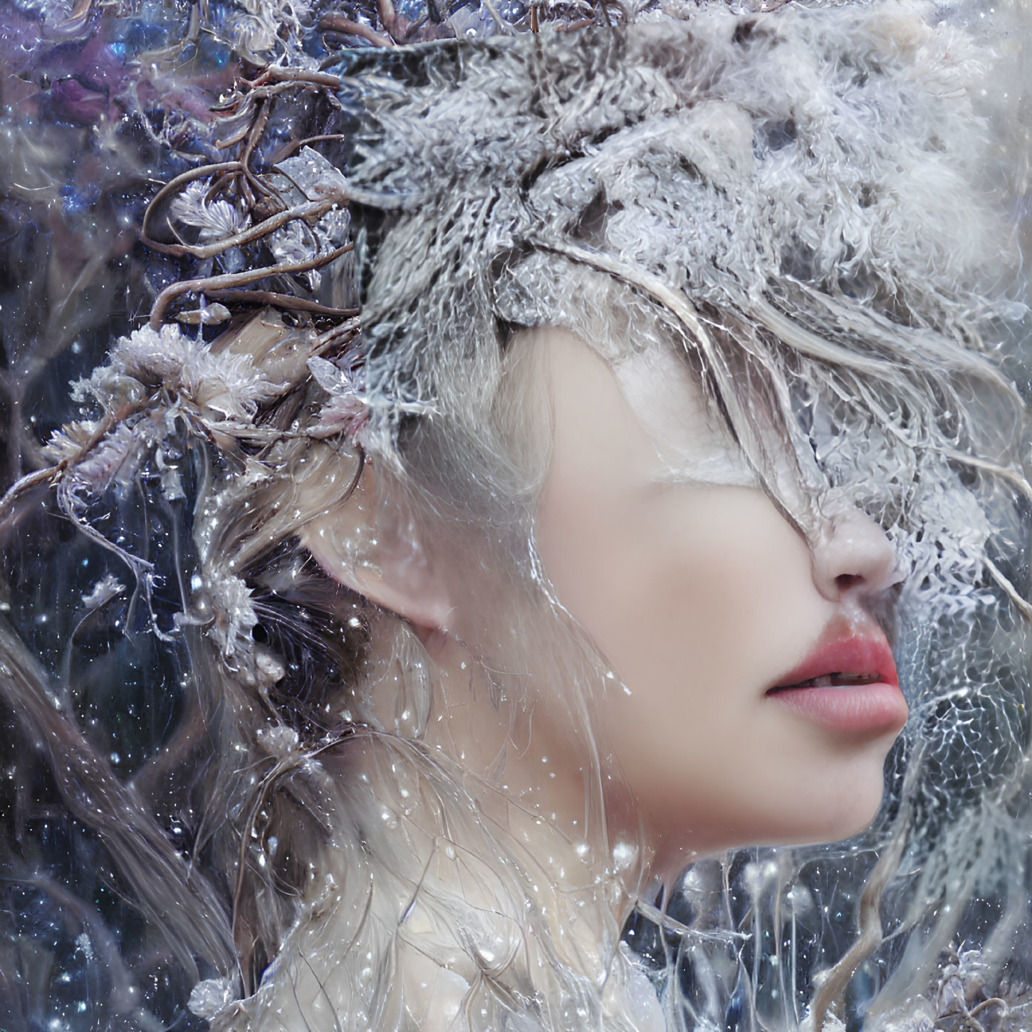 Ethereal close-up portrait with icy appearance and frost-like textures