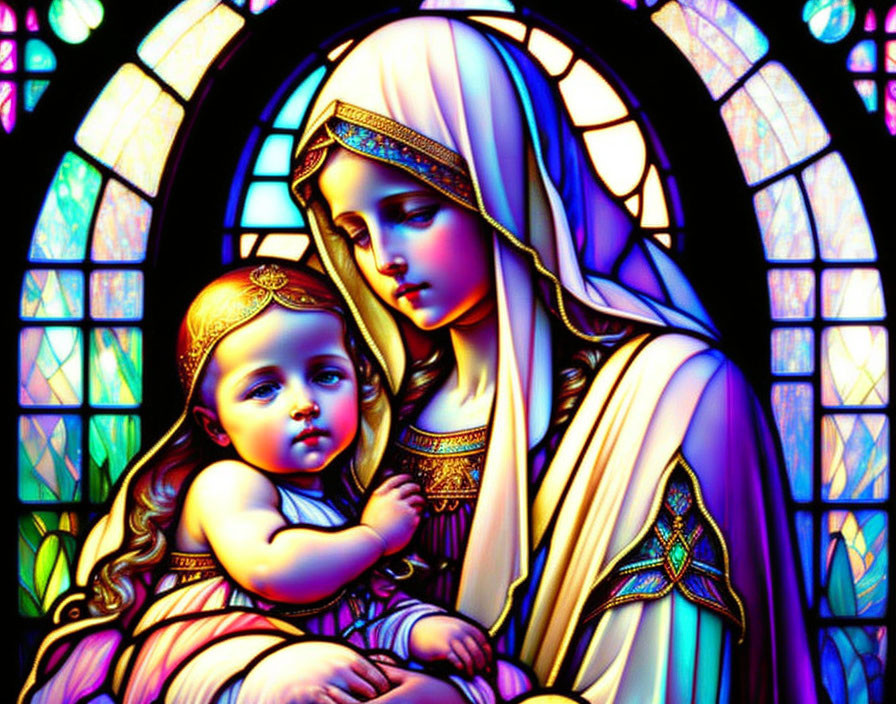 Vibrant stained glass style art of woman with child in ornate attire