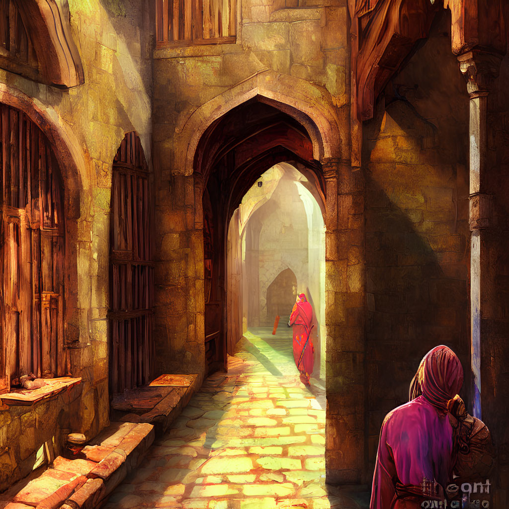 Sunlit Old-World Alley with Stone Walls and Figures in Traditional Attire