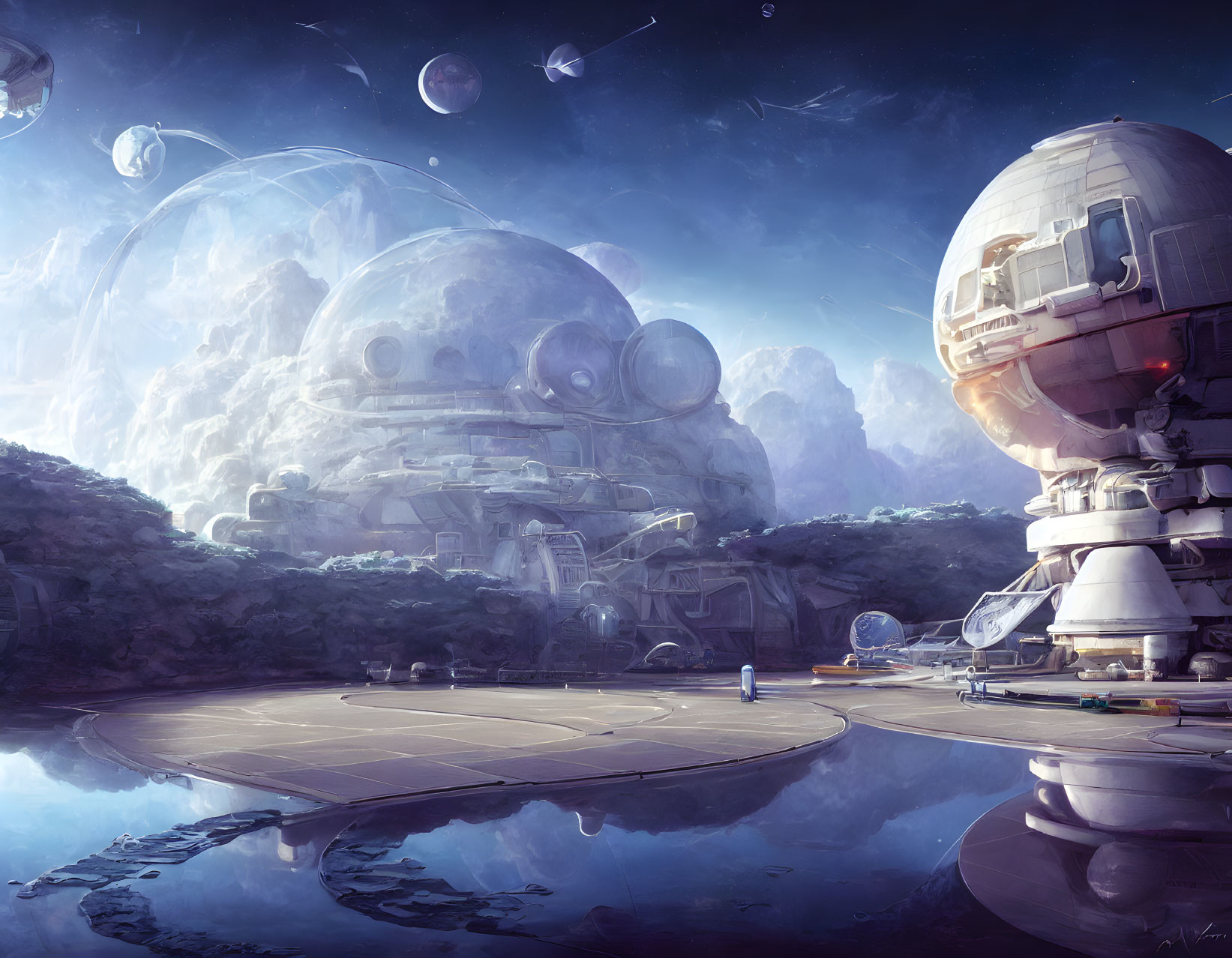 Futuristic colony with dome-like structures on rocky terrain under starry sky
