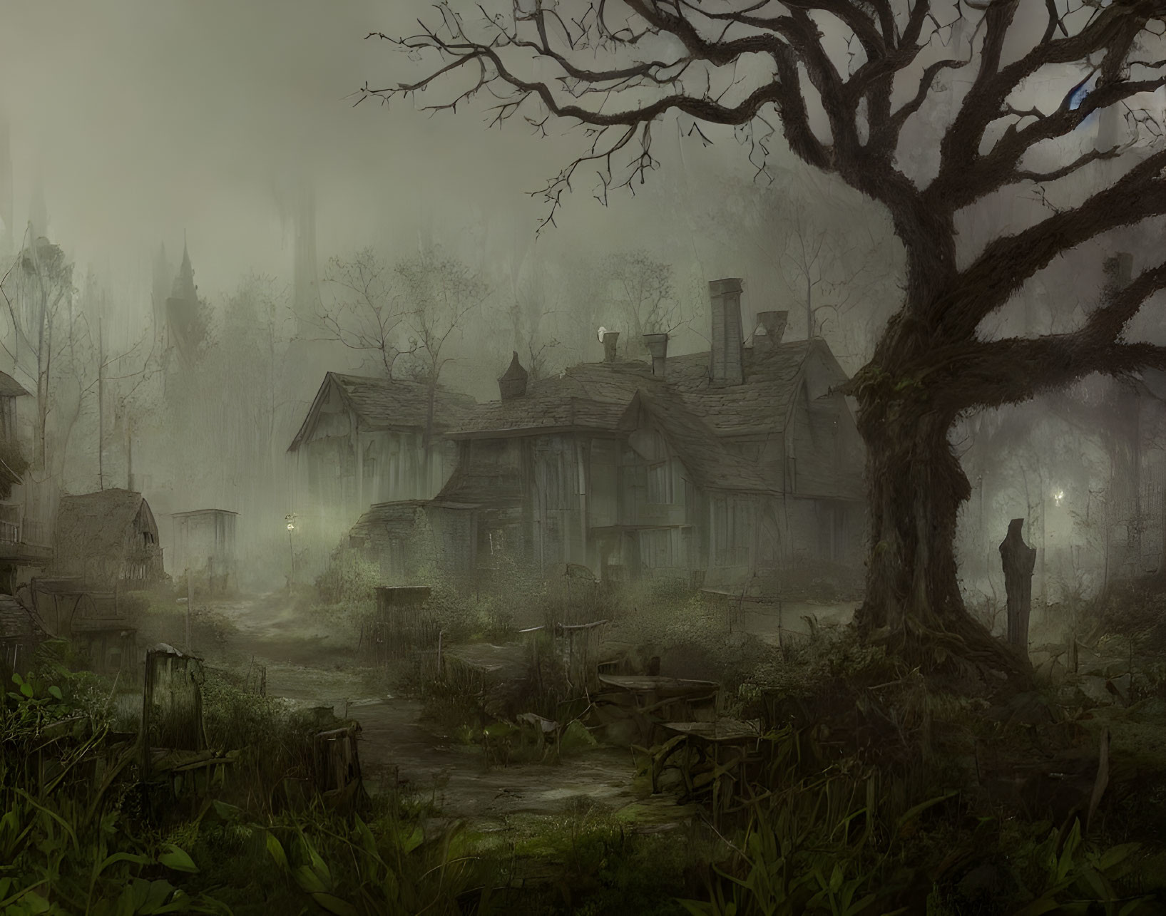 Misty swamp scene with dilapidated houses, gnarled tree, and figure by lamp post