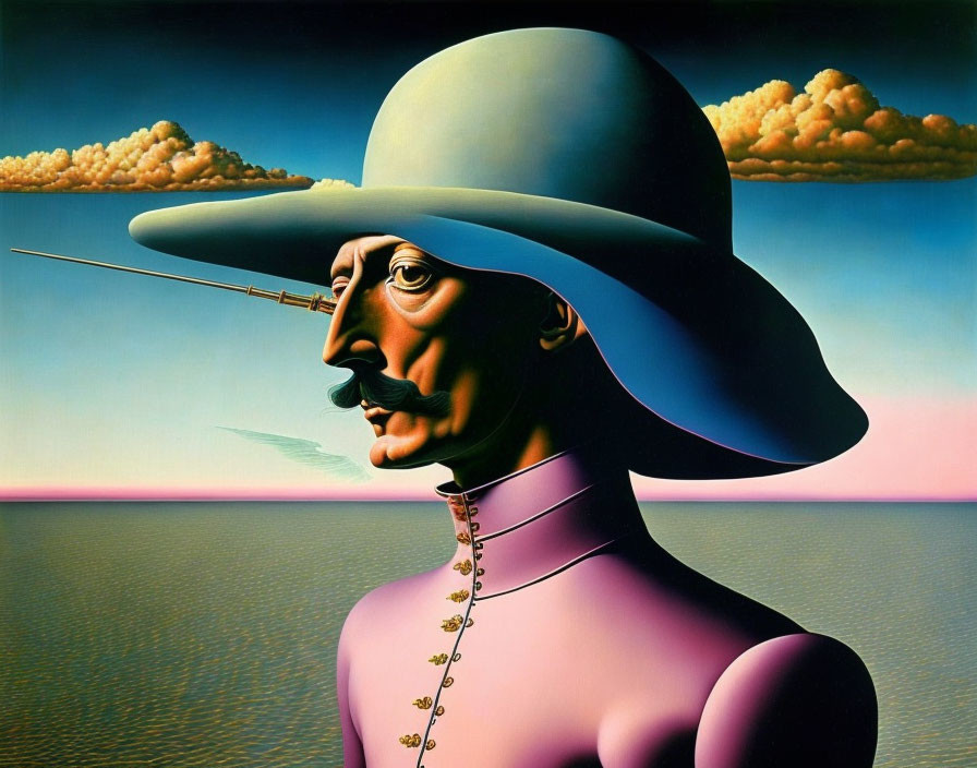 Surreal painting of man with long nose and wide-brimmed hat under pink sky