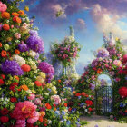 Colorful Flower Garden Scene with Metal Gate under Blue Sky