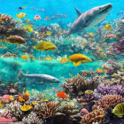 Colorful Underwater Scene with Shark, Barracudas, and Coral Reefs