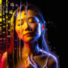 Woman draped in colorful liquid with closed eyes on dark background