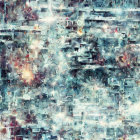 Multilayered abstract artwork in cool tones with urban landscape elements