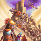 Fantasy painting of armored figures and castle under cosmic sky