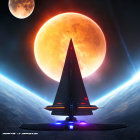 Futuristic spaceship with glowing engines on platform against red moon and blue planet horizon