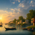 Tranquil riverside scene with boats and classical architecture