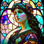 Colorful Stained Glass Portrait of Woman with Elaborate Headdress and Floral Background