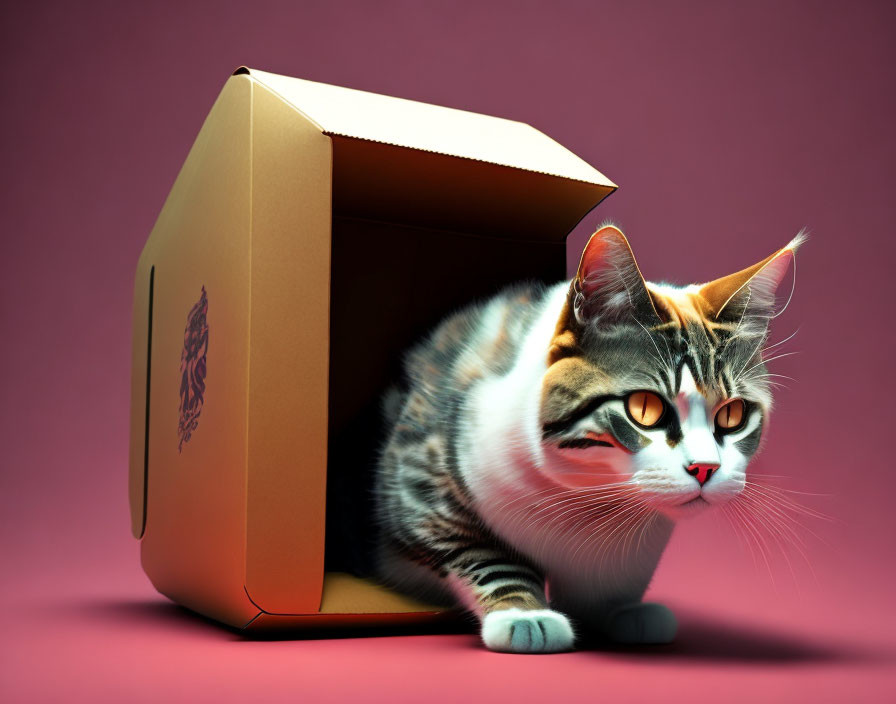 Tabby Cat with Orange Eyes in Cardboard Box on Pink Background