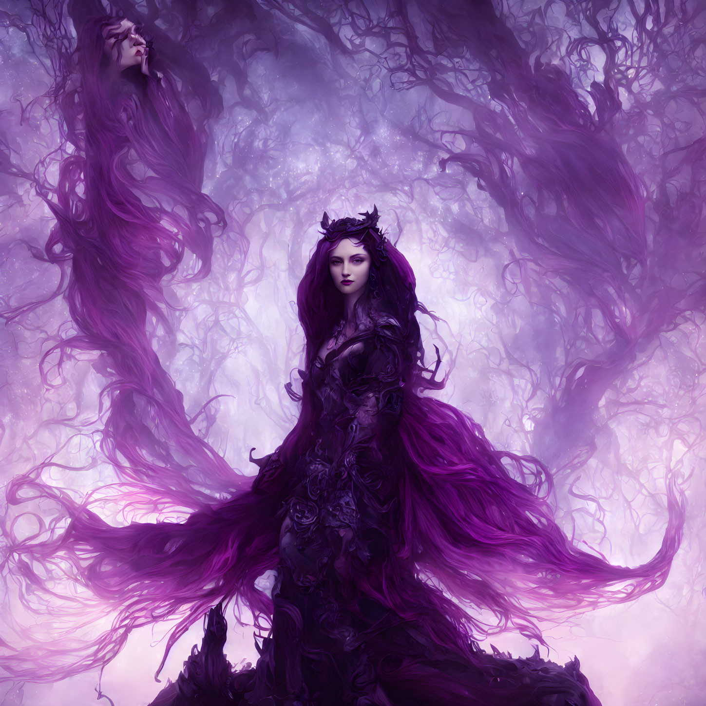 Dark-haired woman in purple gown surrounded by mystical fog and trees
