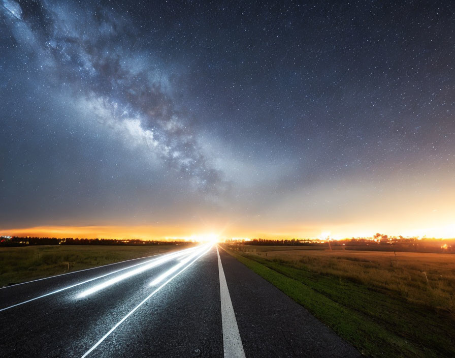 Starry night sky with Milky Way over road and light trails