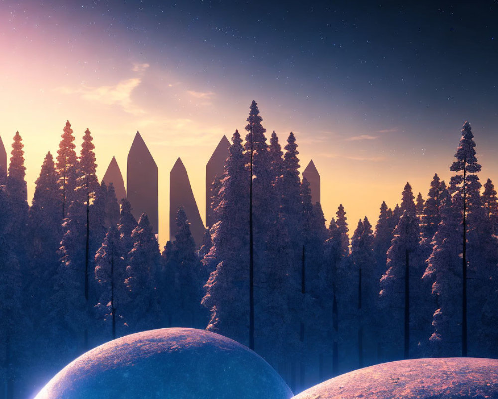 Surreal dusk landscape: silhouetted pine trees, oversized crystals, large spheres, star