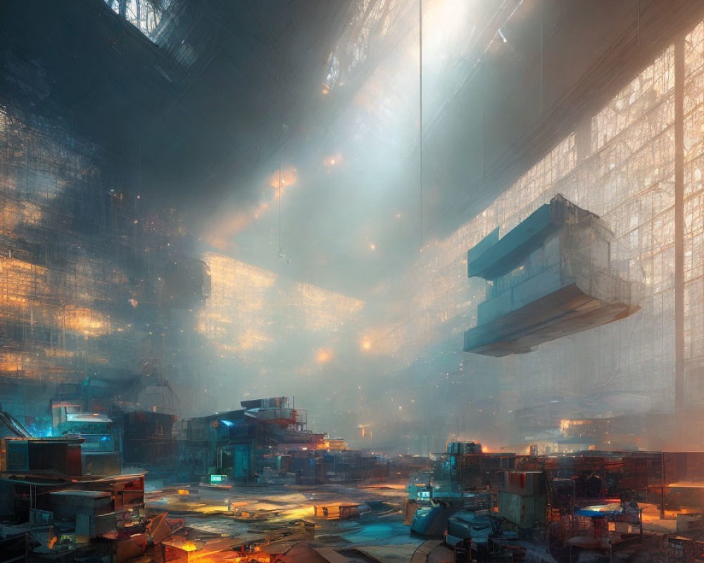 Sunlit futuristic warehouse with floating platforms and tech equipment in atmospheric setting