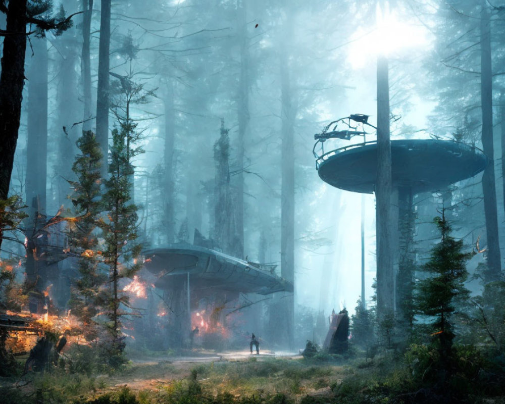 Misty forest with futuristic treehouses and lone figure in soft light