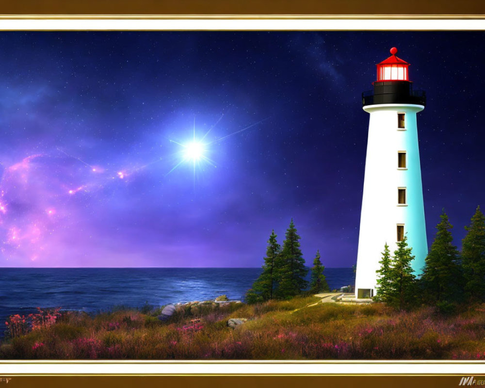 Starry night sky with lighthouse by the sea