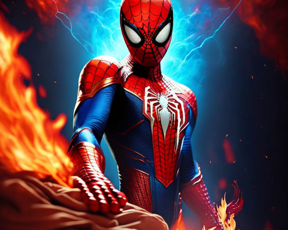 Person in Spider-Man costume amidst swirling flames and smoke.