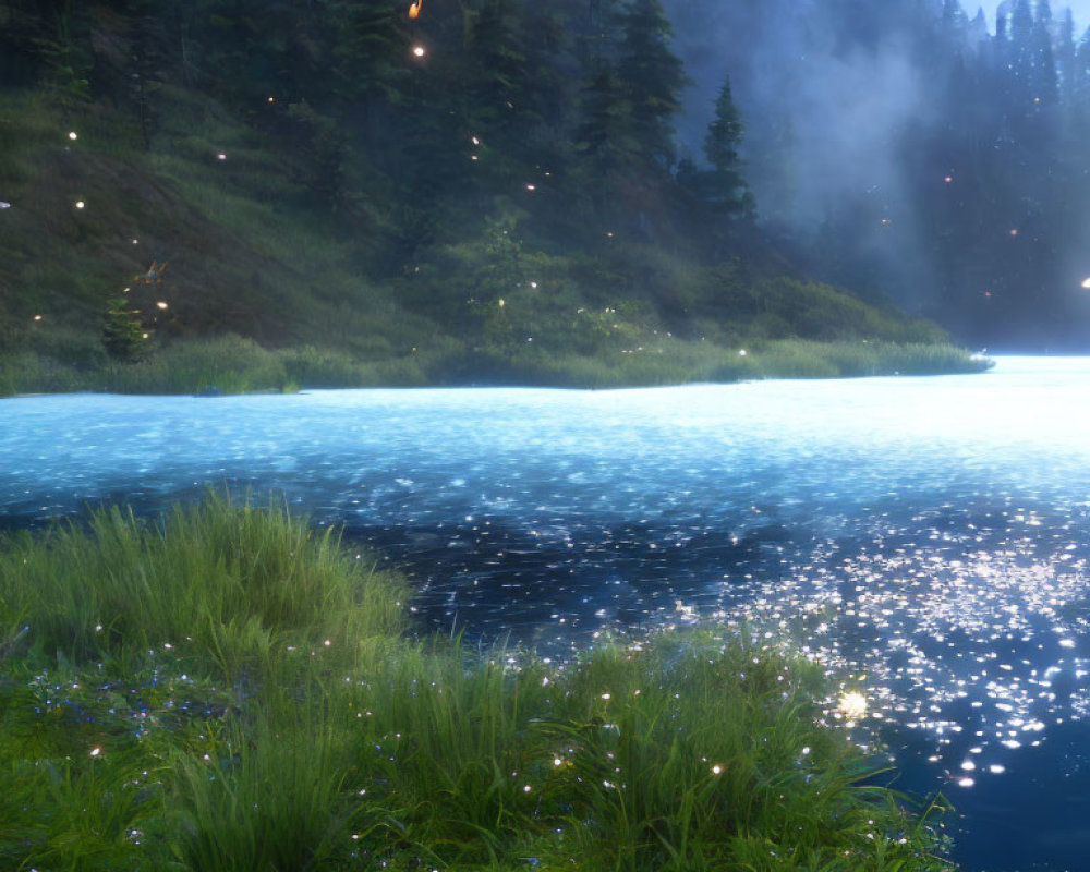 Serene lake at twilight with glowing embers and particles