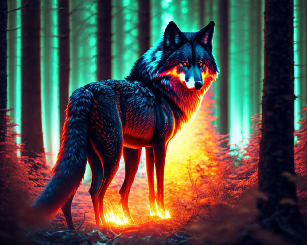 Colorful Wolf Illustration in Neon Hues Amid Mystical Forest
