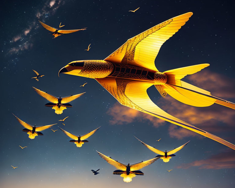 Golden mechanical bird flying among smaller birds in twilight sky with shimmering stars