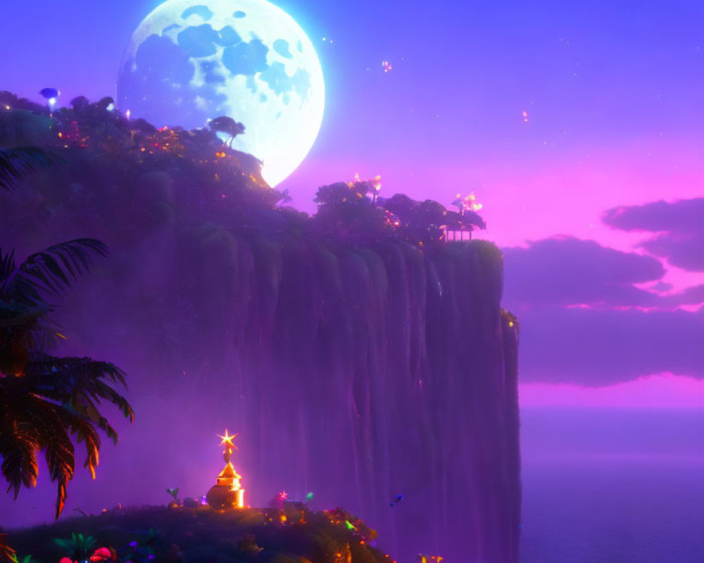 Fantasy landscape at twilight with moon, glowing structures, waterfalls, luminous flora