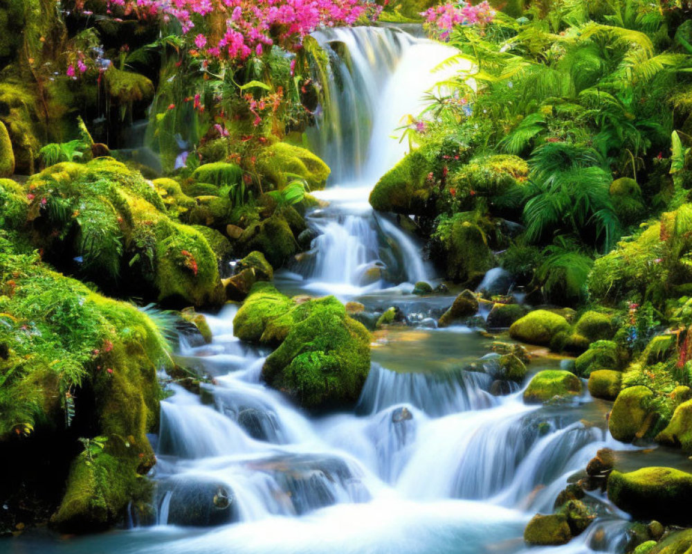 Tranquil forest scene with cascading waterfall and pink flowers