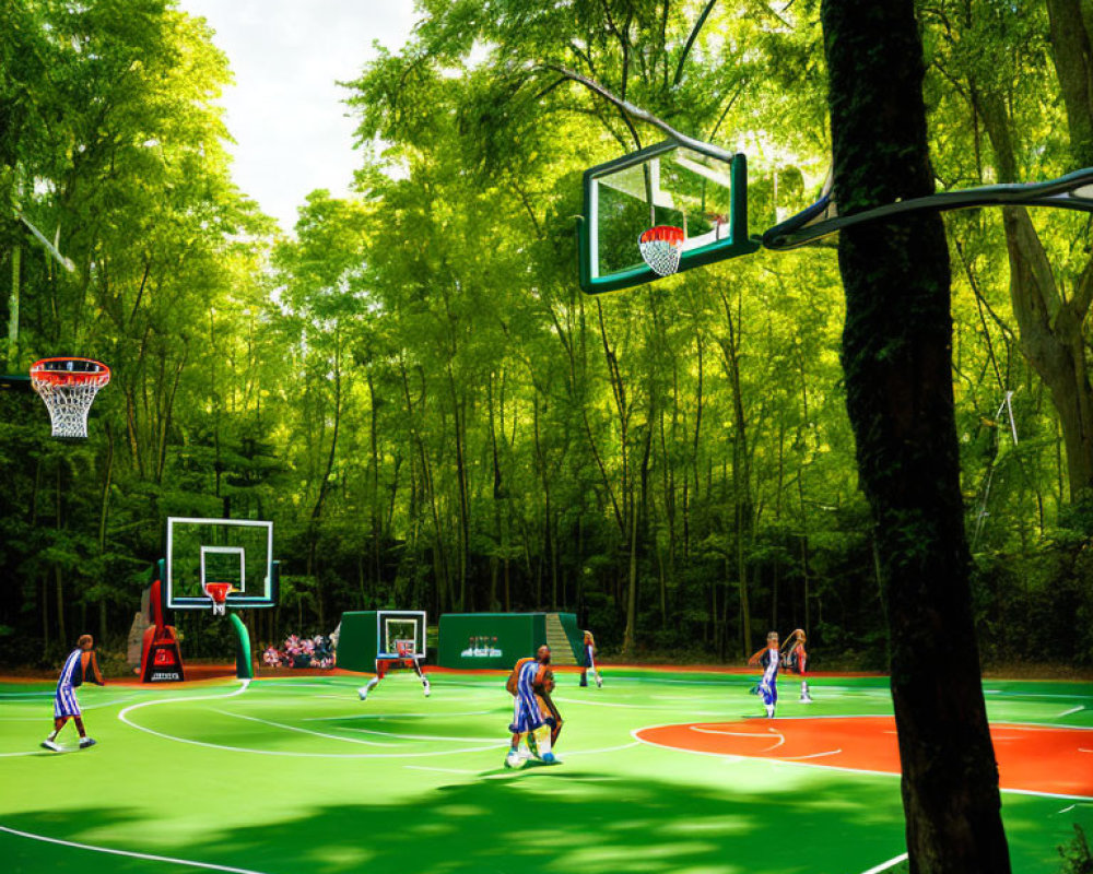 Outdoor basketball game in lush green surroundings