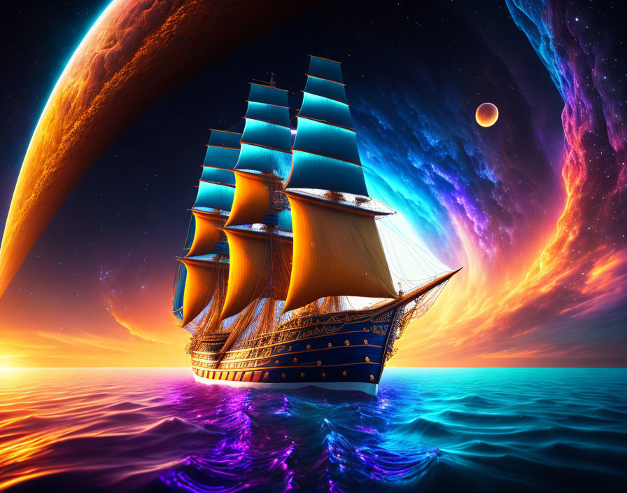 Majestic sailing ship on vibrant ocean with cosmic backdrop