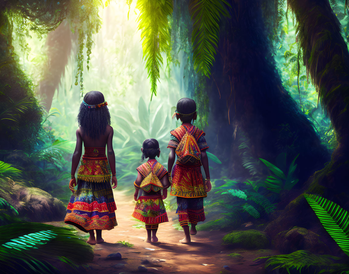 children in tribal dress walking through a jungle