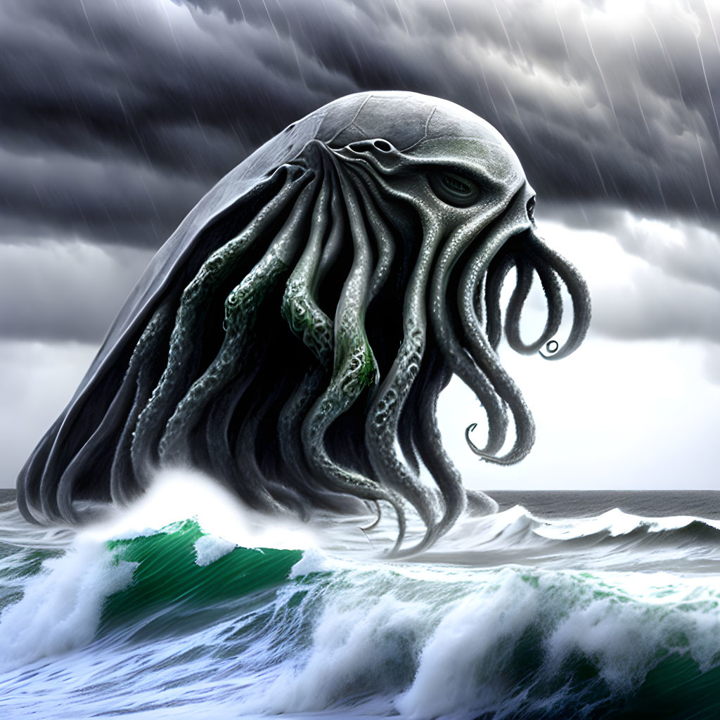 The immense cthulhu while admiring a stormy sea
