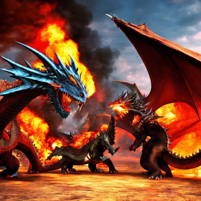 Two fierce dragons in fiery battle under dramatic sky