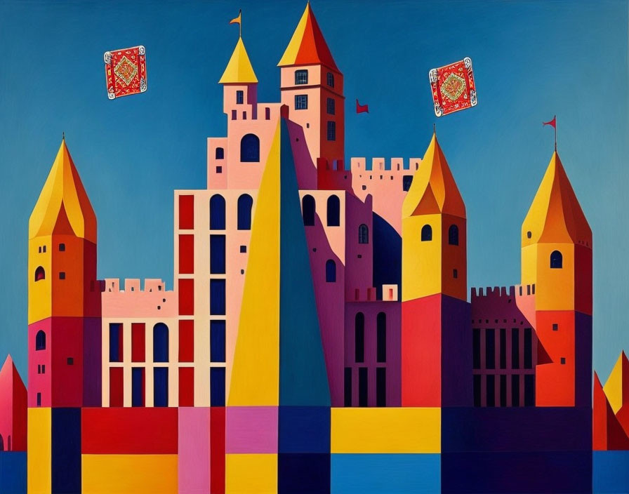 Fantastical castle painting with geometric shapes and vibrant blue background