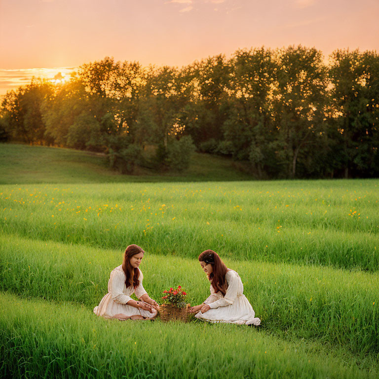 Two girls planting a tree in sunlit field at sunset